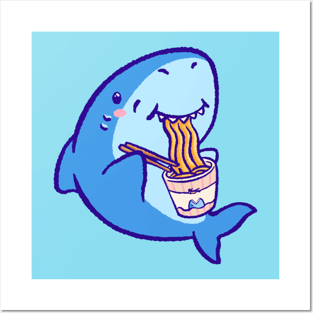 Cute shark eating ramen Wall Art by Tinyarts